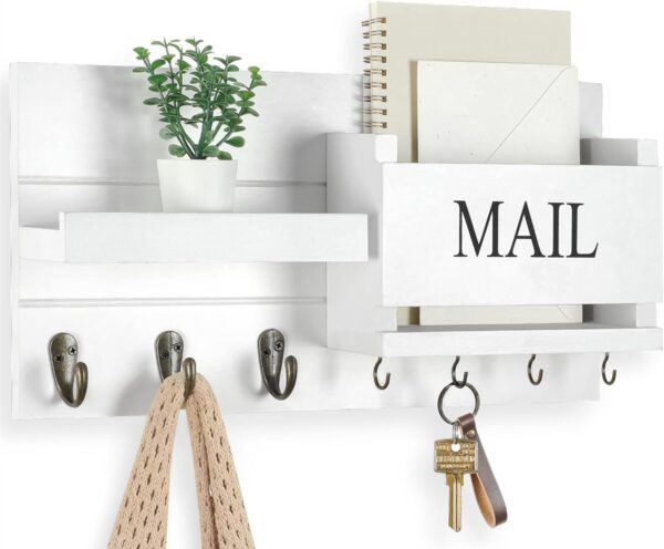 Mail Organizer for Wall Mount – Key Holder with Shelf Includes Letter Holder and Hooks for Hallway Farmhouse Decor