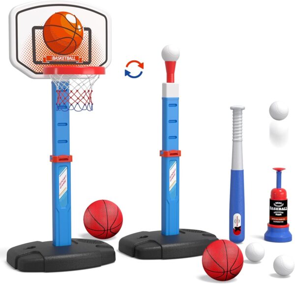 2 in 1 Kids Basketball Hoop and T Ball Set - Adjustable Height, Kids Baseball Tee with Automatic Pitching Machine, Indoor Outdoor Sport Toys Gifts for Toddler Boys Girls Age 1-5, Blue