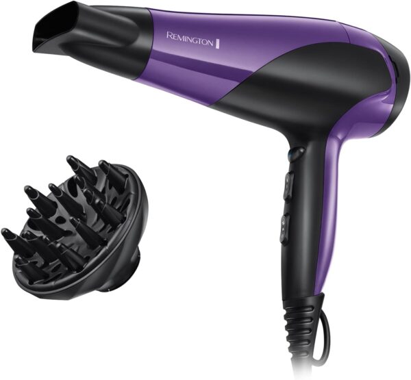 Remington Hair Dryer Ionic (Powerful, Fast Professional Styling, Diffuser, Concentrator, Ionic Conditioning for Frizz Free Hair, 3 Heat  2 Speed Settings, Cool Shot, 2200W, Purple) D3190