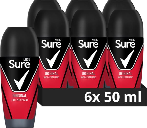 Sure Original Antiperspirant Roll On deodorant for men with MotionSense technology for 48-hour sweat and odour protection 6x 50 ml