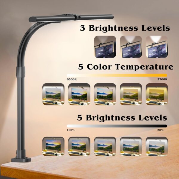 Led Desk Lamp for Home Office,24W Bright Eye-Caring Desk Light with Clamp,5 brightness and 5 temperatures Dimmable Workbench Task Light, Adjustable Gooseneck Table Lamp for Monitor Study - Image 4