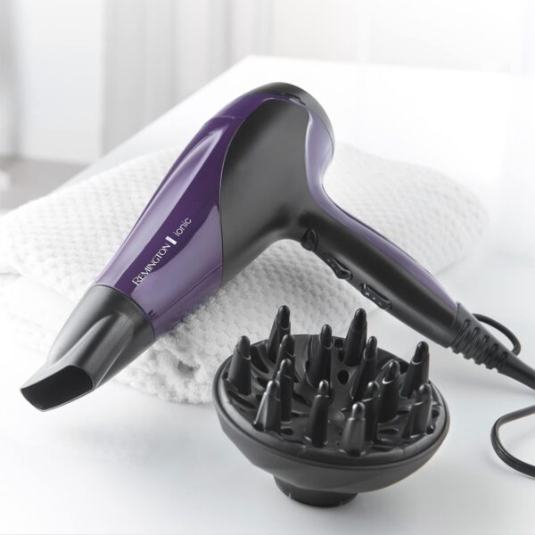 Remington Hair Dryer Ionic (Powerful, Fast Professional Styling, Diffuser, Concentrator, Ionic Conditioning for Frizz Free Hair, 3 Heat  2 Speed Settings, Cool Shot, 2200W, Purple) D3190 - Image 2