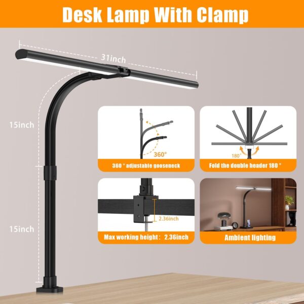 Led Desk Lamp for Home Office,24W Bright Eye-Caring Desk Light with Clamp,5 brightness and 5 temperatures Dimmable Workbench Task Light, Adjustable Gooseneck Table Lamp for Monitor Study - Image 3