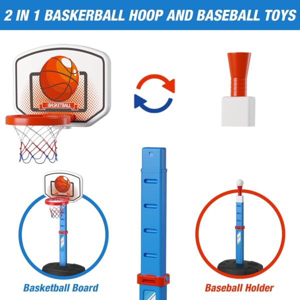 2 in 1 Kids Basketball Hoop and T Ball Set - Adjustable Height, Kids Baseball Tee with Automatic Pitching Machine, Indoor Outdoor Sport Toys Gifts for Toddler Boys Girls Age 1-5, Blue - Image 2